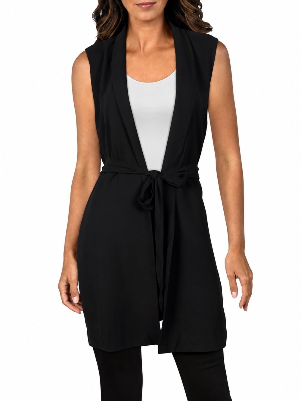 Eileen Fisher 100% Silk Long Belted Vest Georgette Crepe Sleeveless Blouse Black